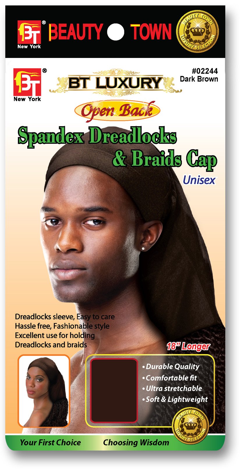 BT Luxury Spandex Cap for Dreadlocks & Braids - w/Open Back Option (US, Alpha, One Size, Big, Brown Open Back)