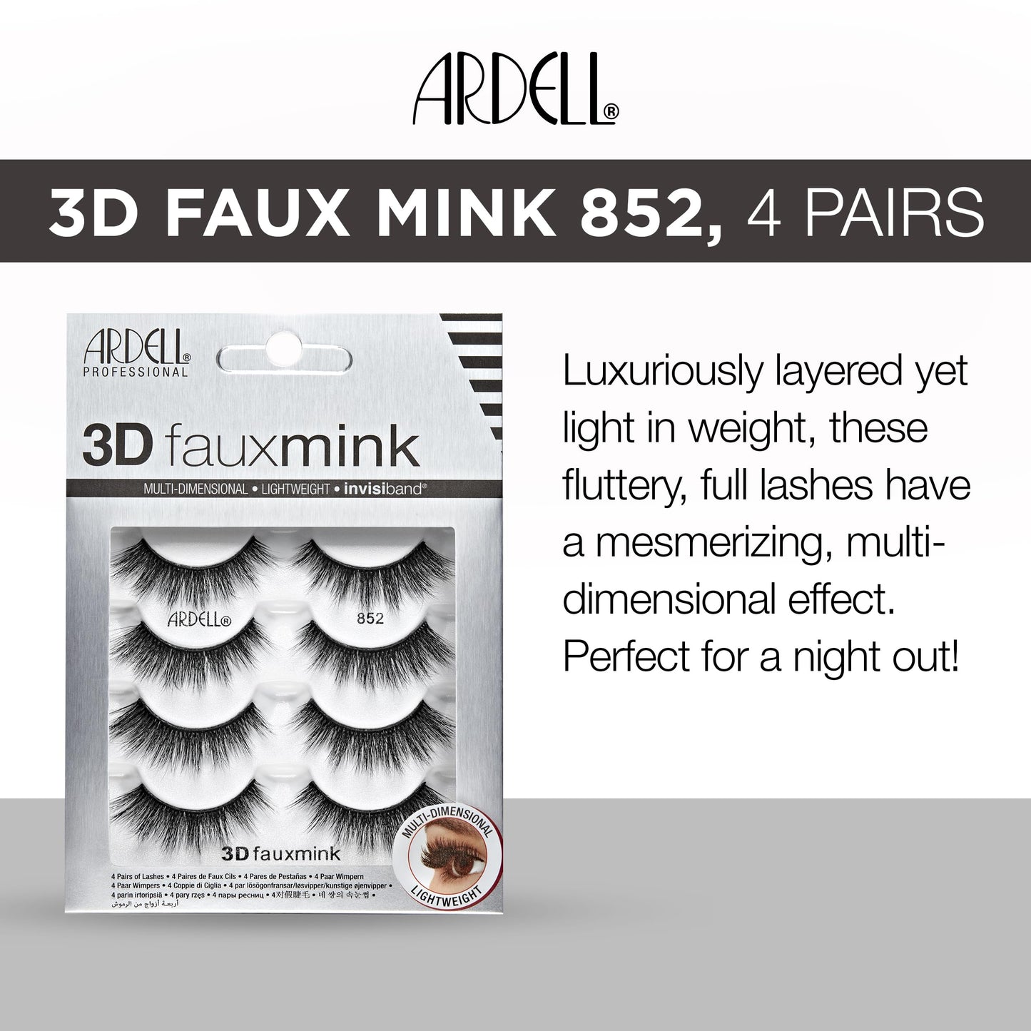 Ardell 3D Faux Mink Lashes False Eyelashes 852 - Fluffy Volume Strip Wispy Lashes for a Natural Glam Look, 4 Pairs