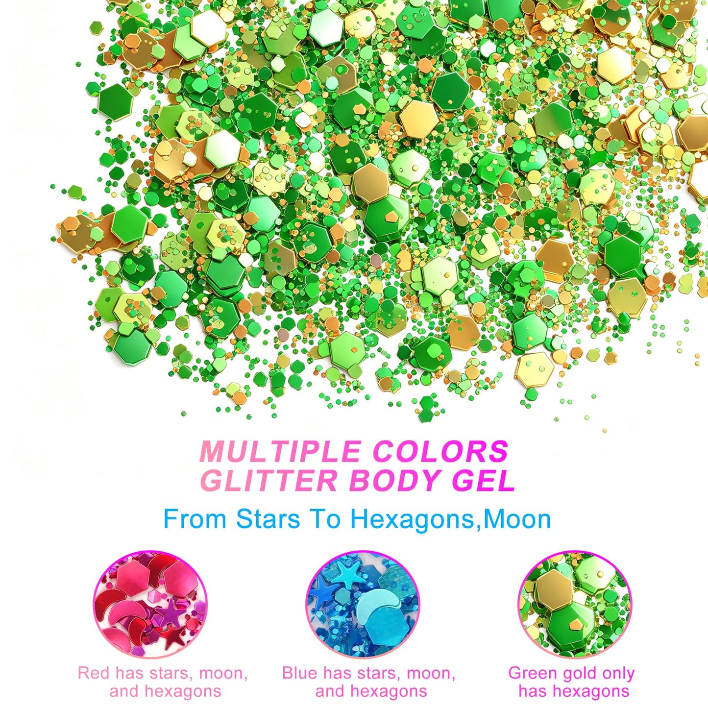 Green Face Glitter & Body Glitter Gel, Self-Adhesive Chunky Glitter Makeup for Face Body Hair, Easy Wash Off, Festival Rave Cosplay for Women Kids