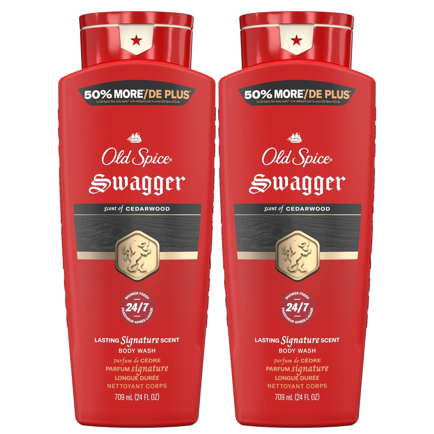 Old Spice Refreshing Body Wash for Men, 3X Defense, 24/7 Shower Fresh with Long Lasting Scent, Red Collection, Swagger with Cedarwood Scent, 24 oz