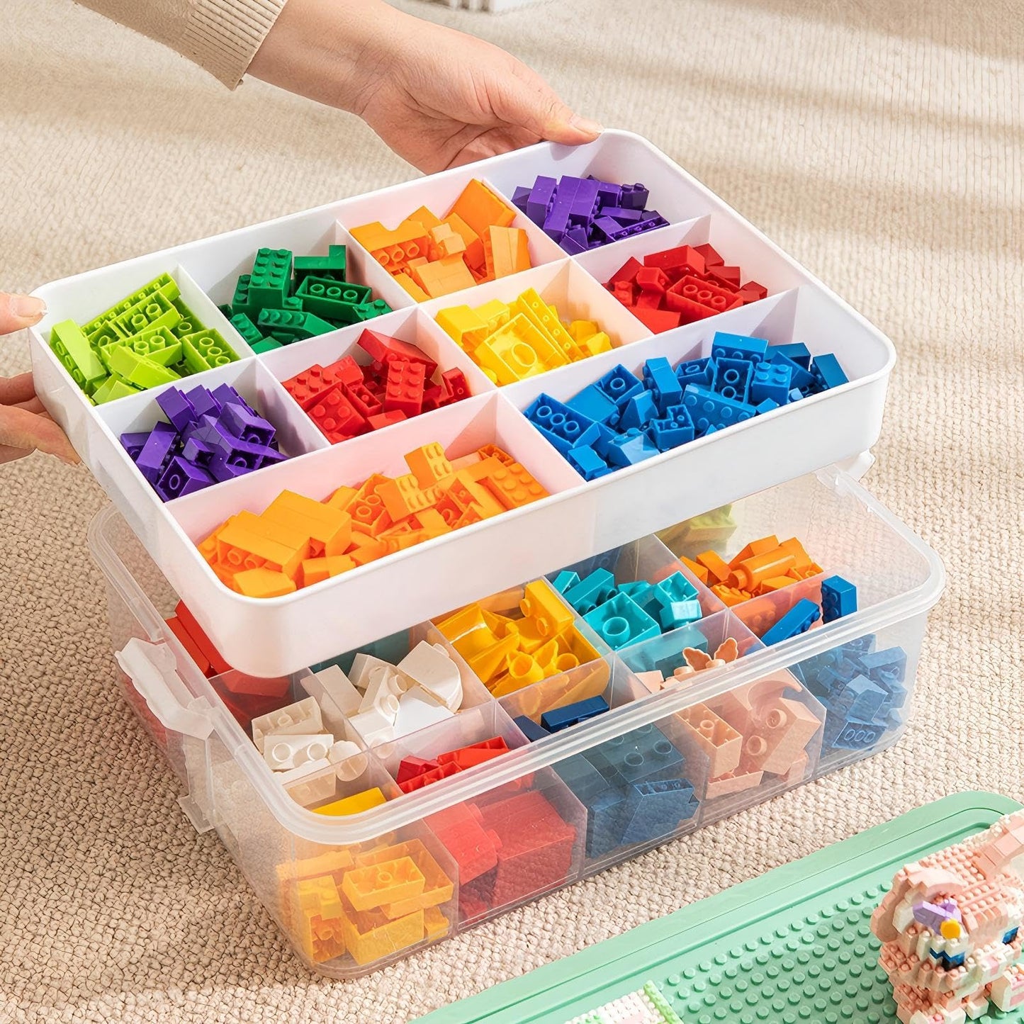 3-Tier Storage Box of Bricks for Lego, PP+ABS Stackable Organizer 14.17"×9.84"×12.01" with Lids, Green