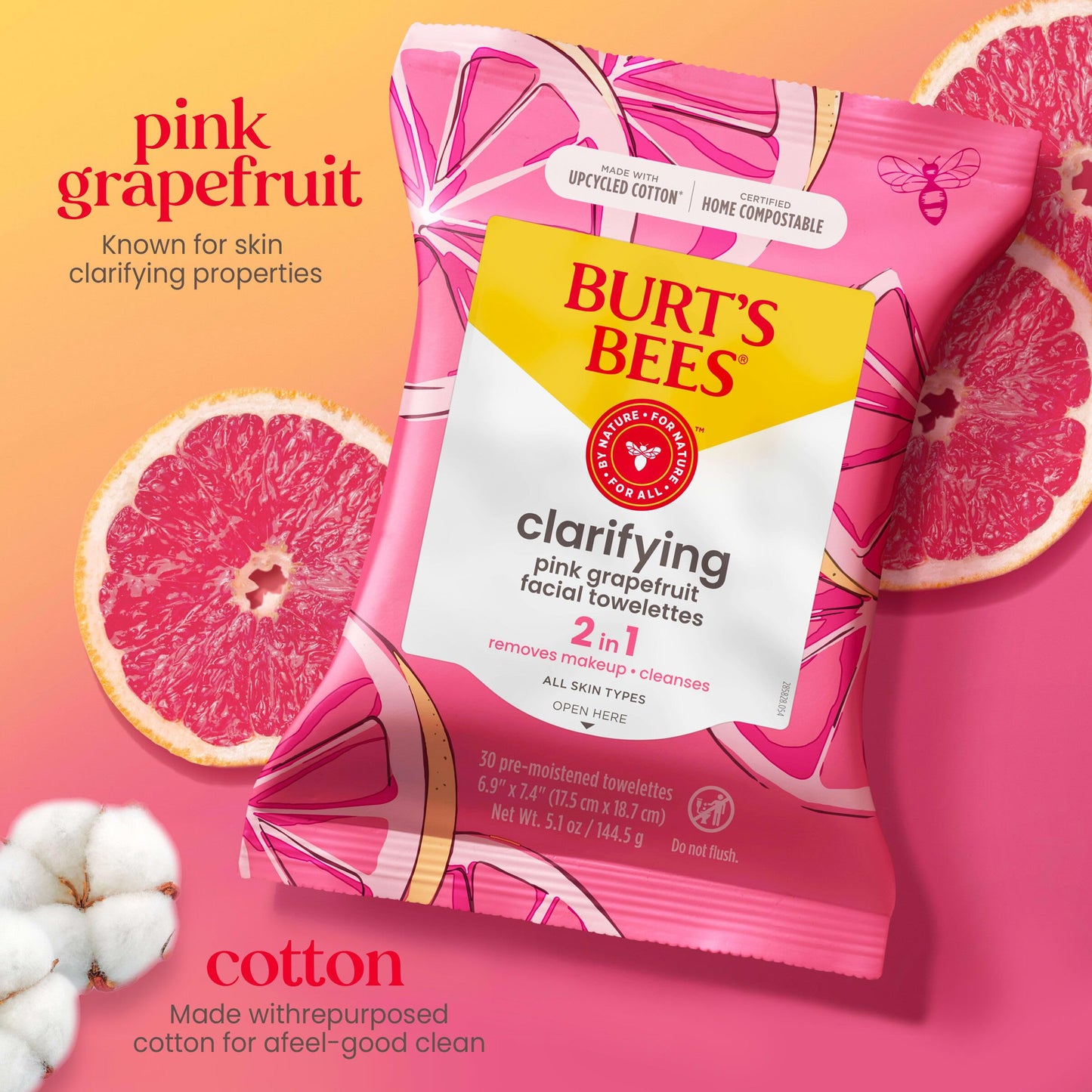 Burt's Bees Facial Cleansing Towelettes for Normal to Oily Skin, Pink Grapefruit, 30 Count