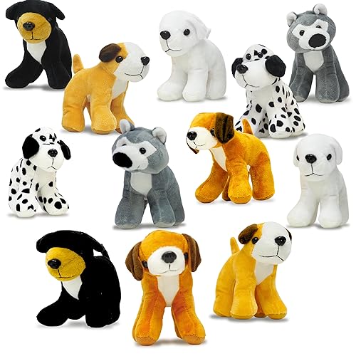 4E's Novelty Plush Dogs Animals (12 Pack) Assorted Stuffed Puppies - 5 Inches, Small Plushed Animals, 6 Designs - for Birthday Party Favors Gifts for…
