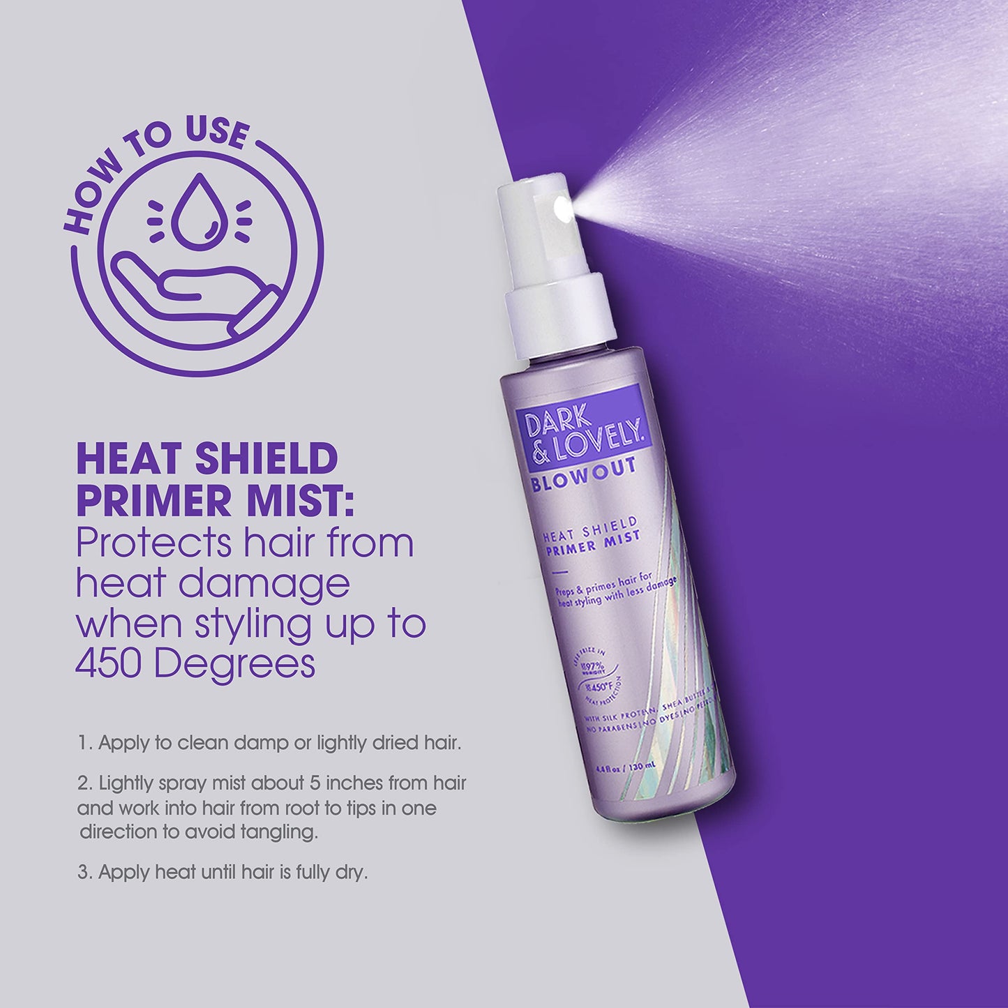 SoftSheen-Carson Dark and Lovely Blowout Heat Shield Hair Primer, Blow Dry Spray & Heat Protectant with Castor Oil, For Curly & All Hair Types, 4.4 fl