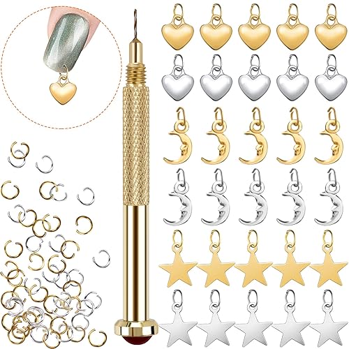 PAGOW 71 PCS Dangle Nail Art Charms, Nail Jewelry Rings with Nail Piercing Tool Hand Drill for Tips, Acrylic, Gels and Decorations