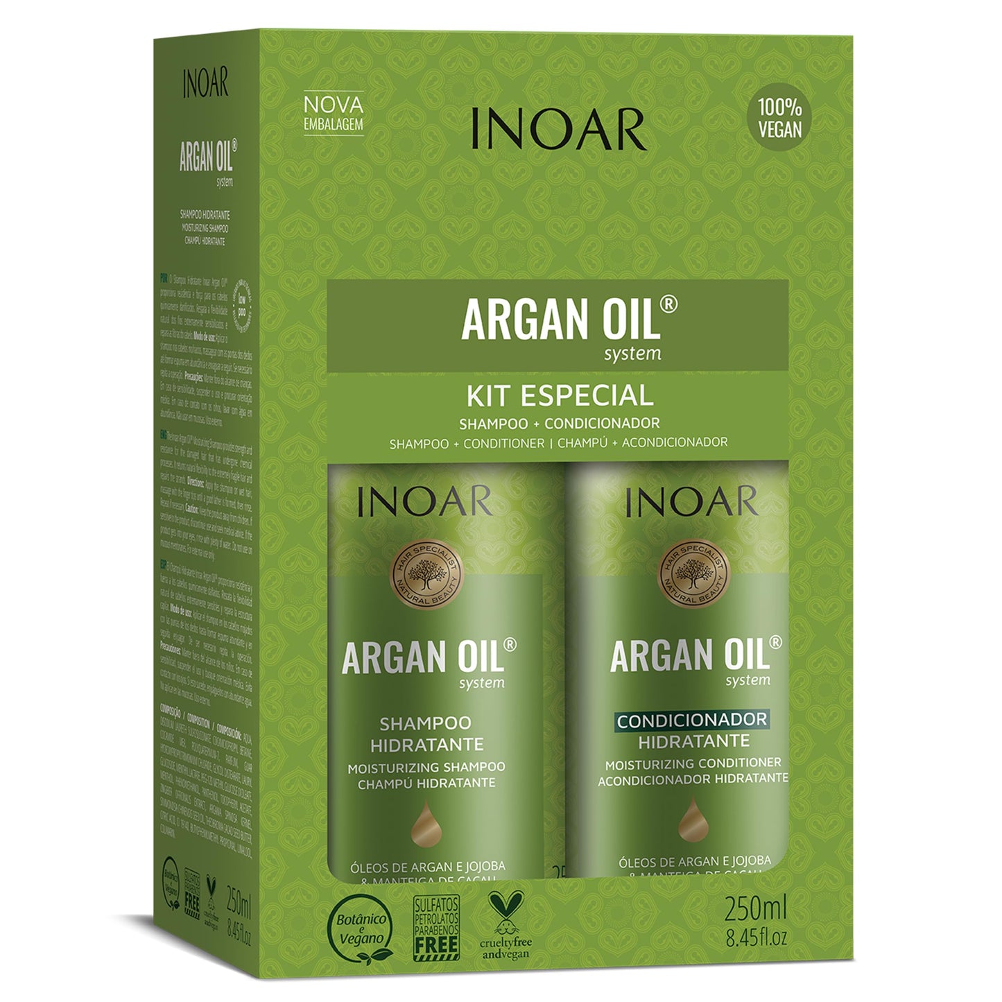 Inoar Argan Shampoo & Moisturizing Conditioner Haircare Set with Argan Oil & Cocoa Butter for Smoothing Repair, 2x250ml