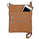 Roma Leathers Mini Cross Body Purse - Multi Pocket Double Zipper Handbag - Premium Light Brown Leather - Adjustable Shoulder Strap - Convenient…
