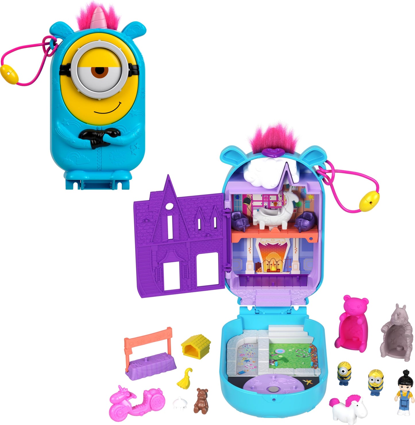 Polly Pocket & Minions Playset with 1 Doll, 2 Minions Figures & Fluffy The Unicorn Toy, Collectible Compact with 9 Accessories
