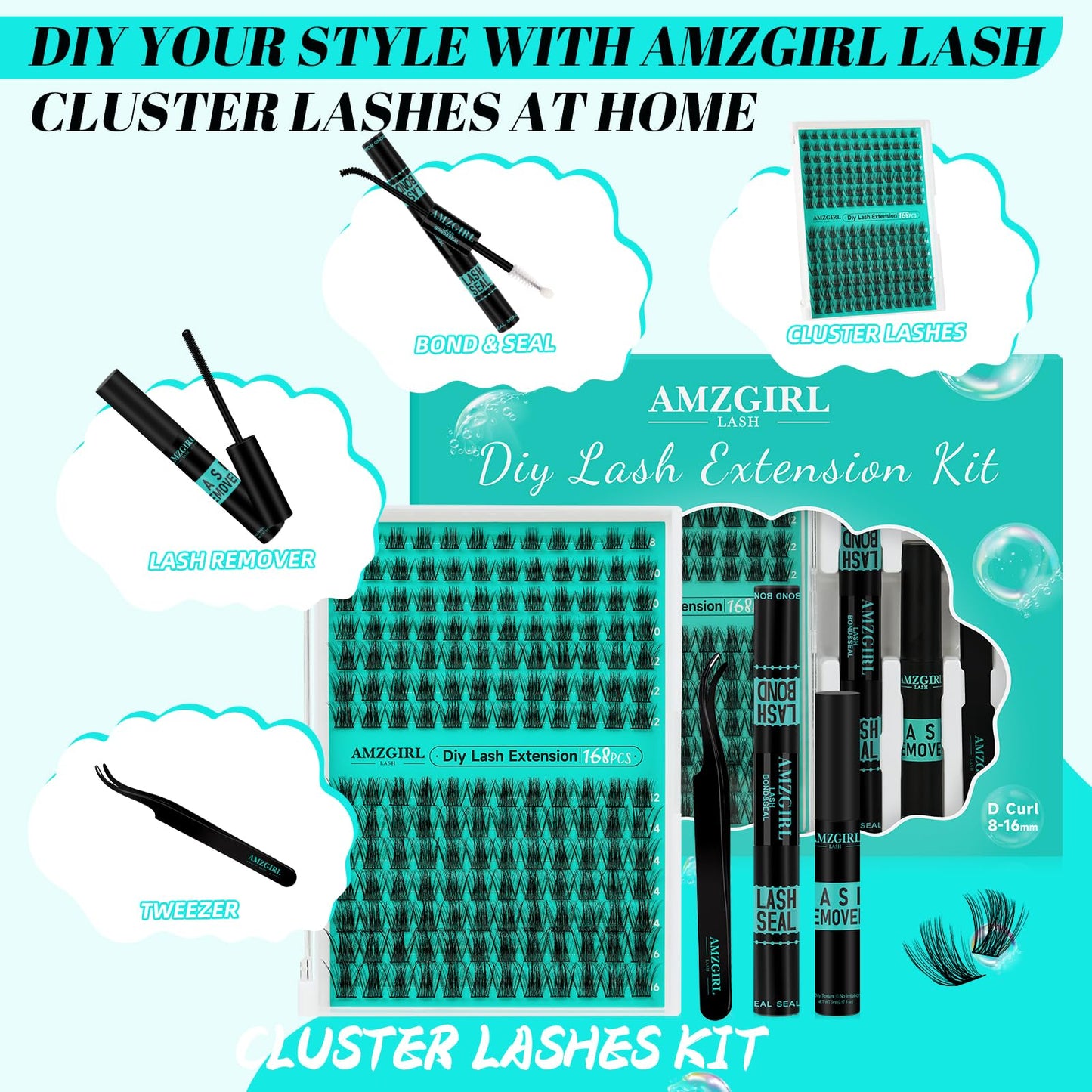 Lash Clusters Kit 168Pcs,DIY Individual Lashes Clusters Kit,Lash Bond And Seal,Lash For Eyelashes Extensions,Lash Applicator Tool For False Eyelash Beauty and Personal Care AMZGIRL LASH