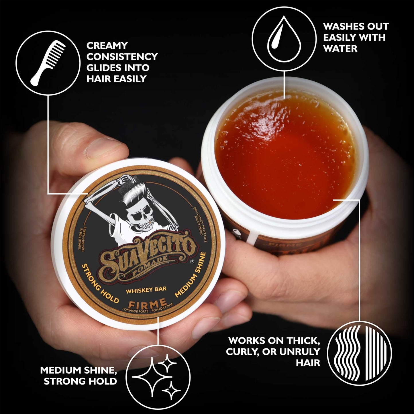 Suavecito Pomade Firme (Strong) Hold Whiskey Bar Scent 4 oz - Pomade For Men - Medium Shine Water Based Wax Like Flake Free Hair Gel - Easy To Wash Beauty and Personal Care Suavecito