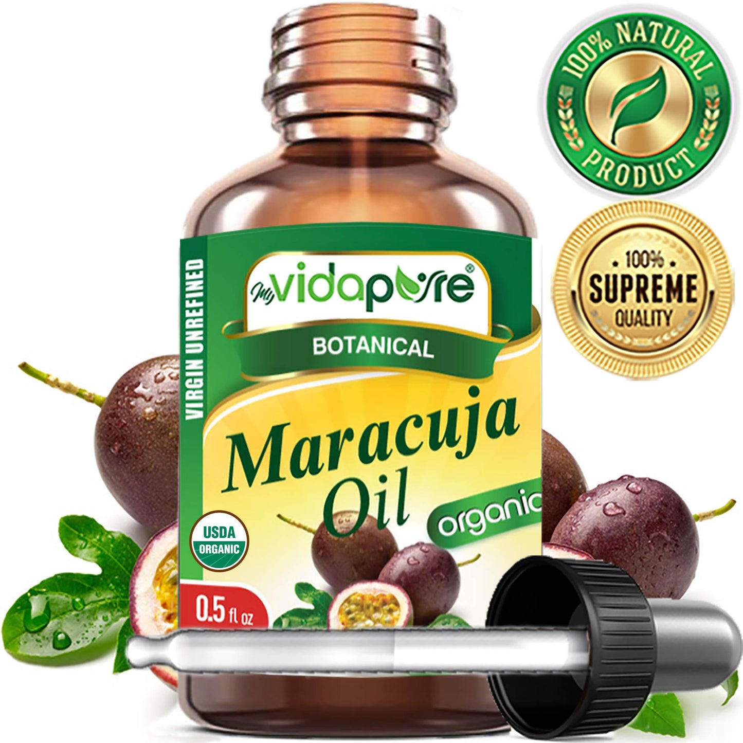 MYVIDAPURE Organic MARACUJA OIL Passion Fruit Certified Organic 100% Natural, Pure WILD GROWTH VIRGIN UNREFINED Brazilian for Skin, Face, Hair, Lip