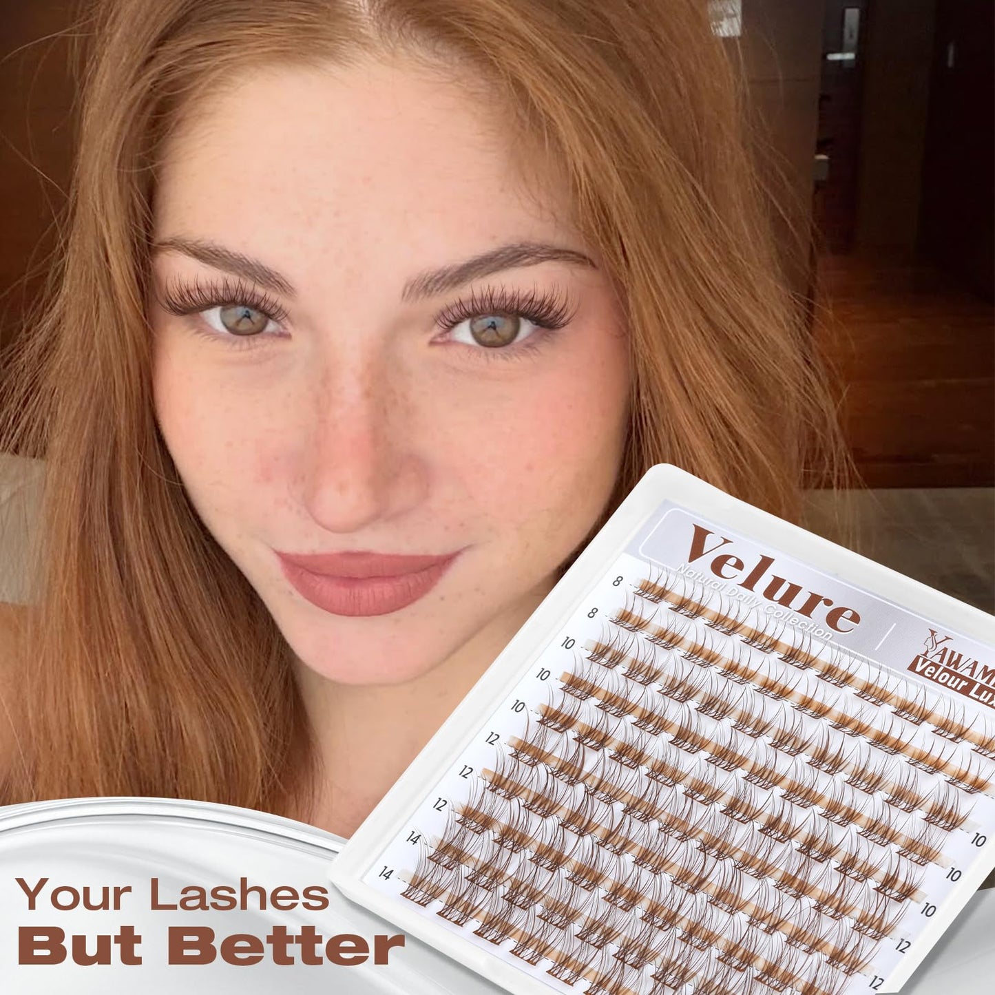 Brown Lash Clusters Natural Velour Eyelash Clusters 8-14mm Wispy Individual Lashes Light Brown Cluster Lashes CC Curl Lashes Clusters with Wide Band Beauty and Personal Care Yawamica