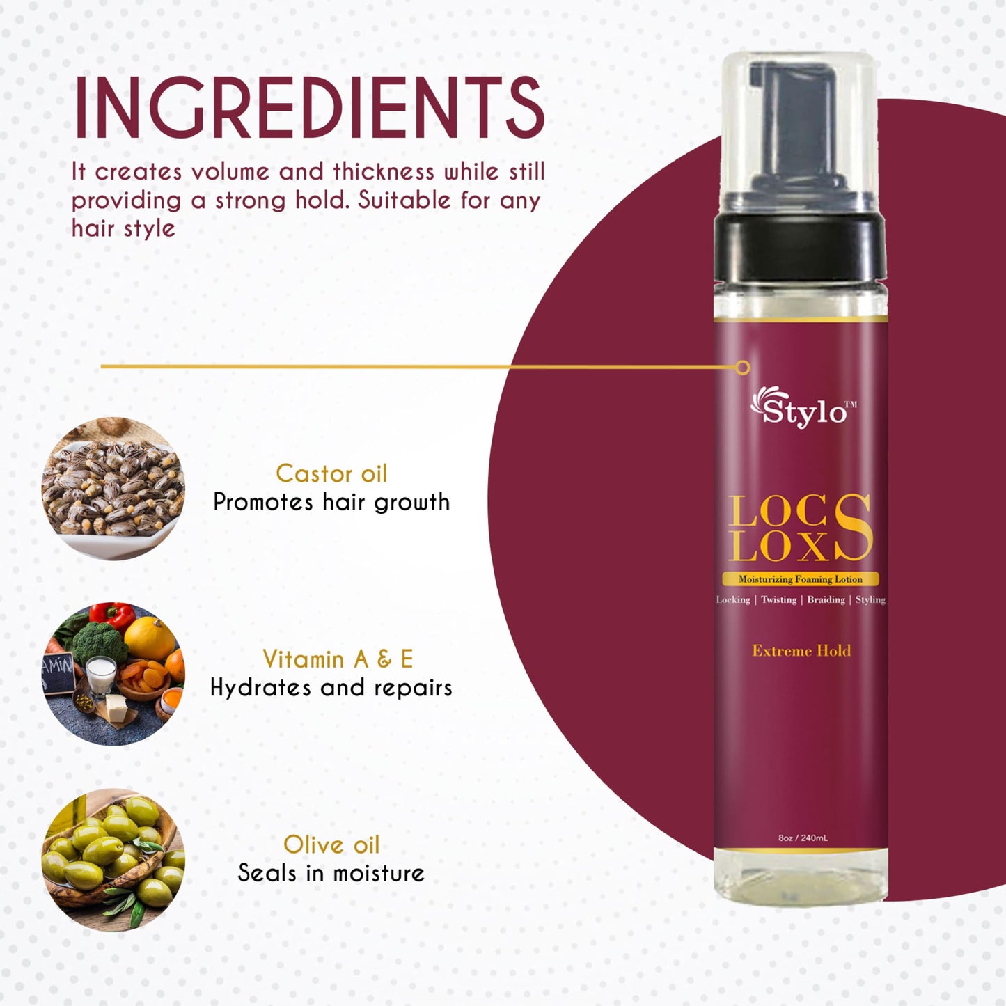 J. AMILA Stylo Locs Moisturizing Foaming Lotion - 8oz Extreme Hold for Ultimate Style and Moisture in Your Locks.