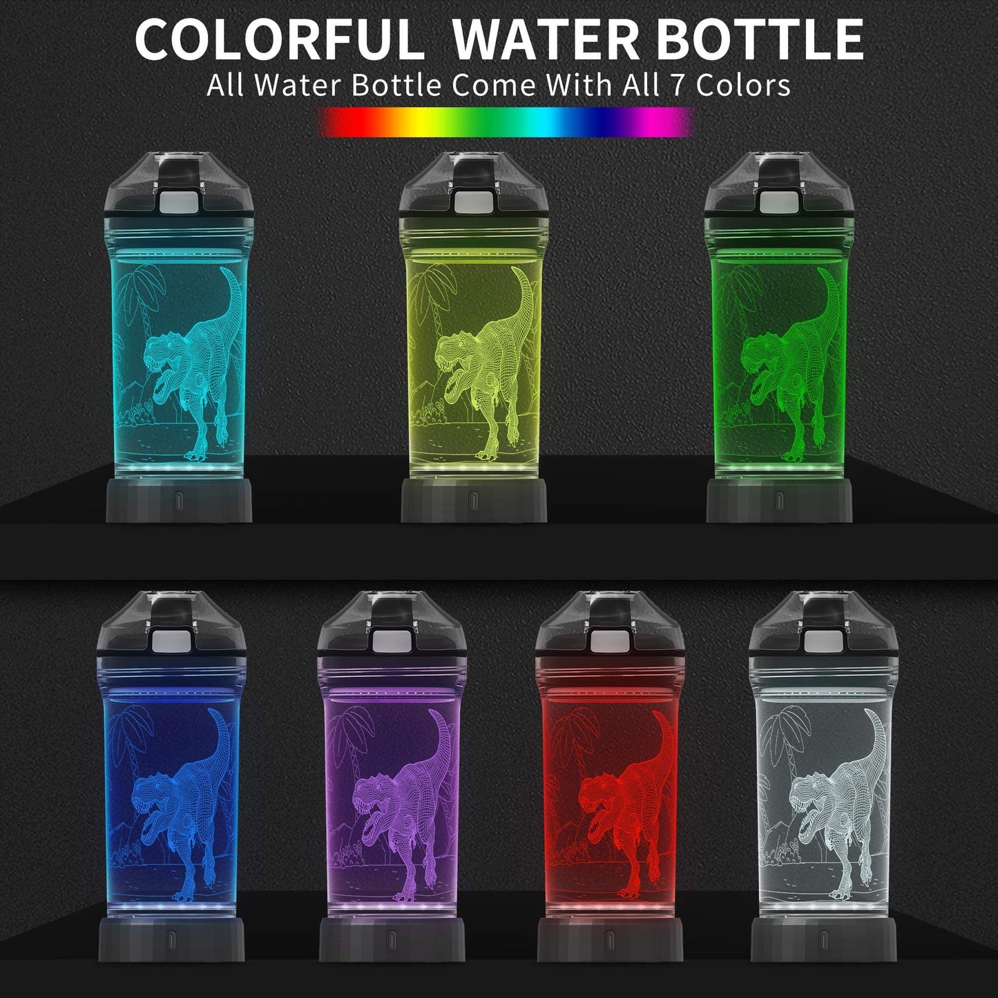Lightzz Dinosaur Water Bottle, Dinosaur Toys for Boys 5-7 8-12 with 3D Glowing Light, Dinosaur Gifts for Boys Teens School Holiday Camping Picnic