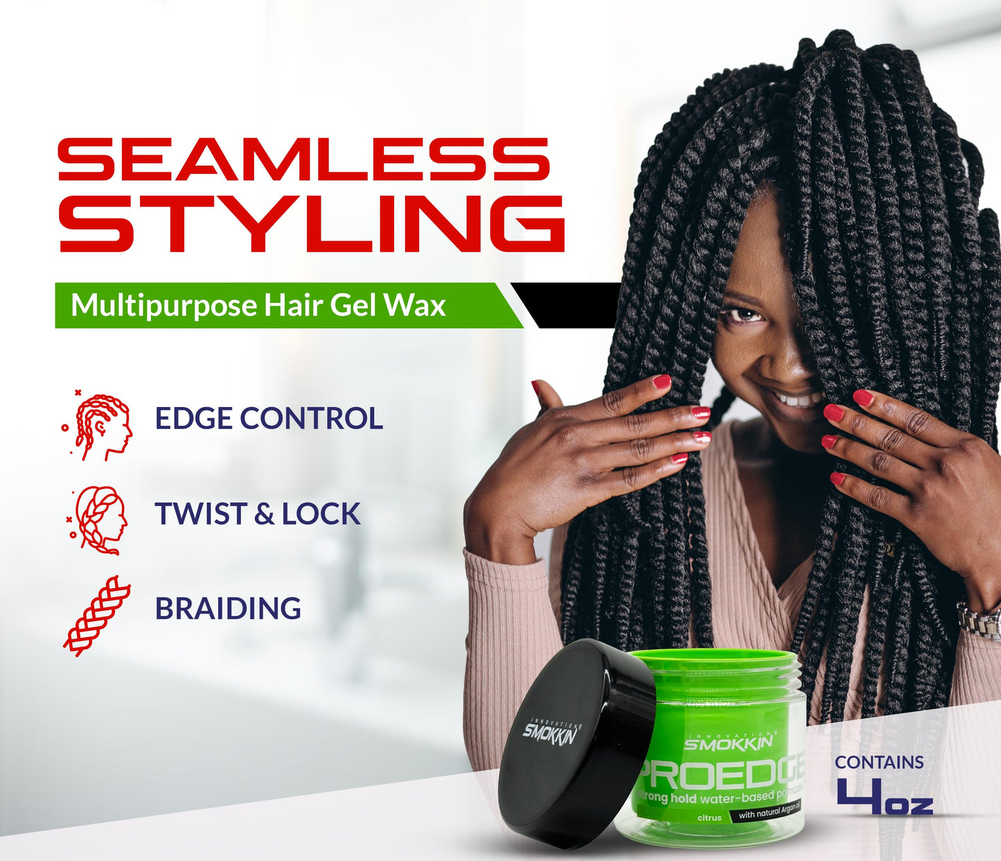 INNOVATION SMOKKIN PROEDGE Edge Control, Braiding Gel, Locking & Twist Styling Pomade, Versatile Styling Gel for Diverse Hair Types, Green