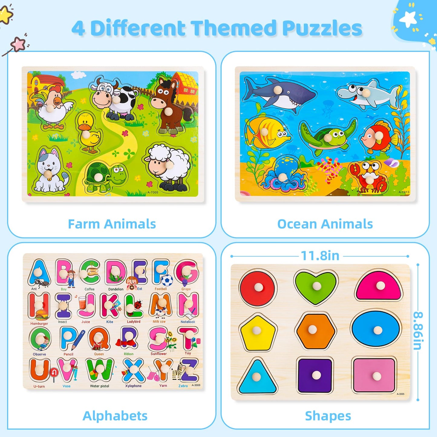 Wooden Peg Puzzles for Toddlers – 4 Pack Montessori Toys with Animals, Shapes & Alphabet, Learning Puzzles for Kids Ages 1-4 Boys & Girls