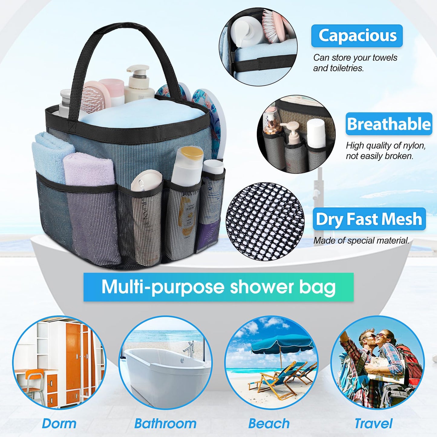 Attmu Mesh Shower Caddy Portable for College Dorm Room Essentials with 8 Pockets, Hanging Caddy Dorm Basket, Quick Dry Shower Bag for Bathroom