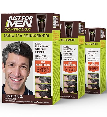 Just for Men Control GX Grey Reducing Shampoo, Gradual Hair Color with Keratin for Stronger Thicker and Healthier Looking Hair, 4 Fl Oz - Pack of 3