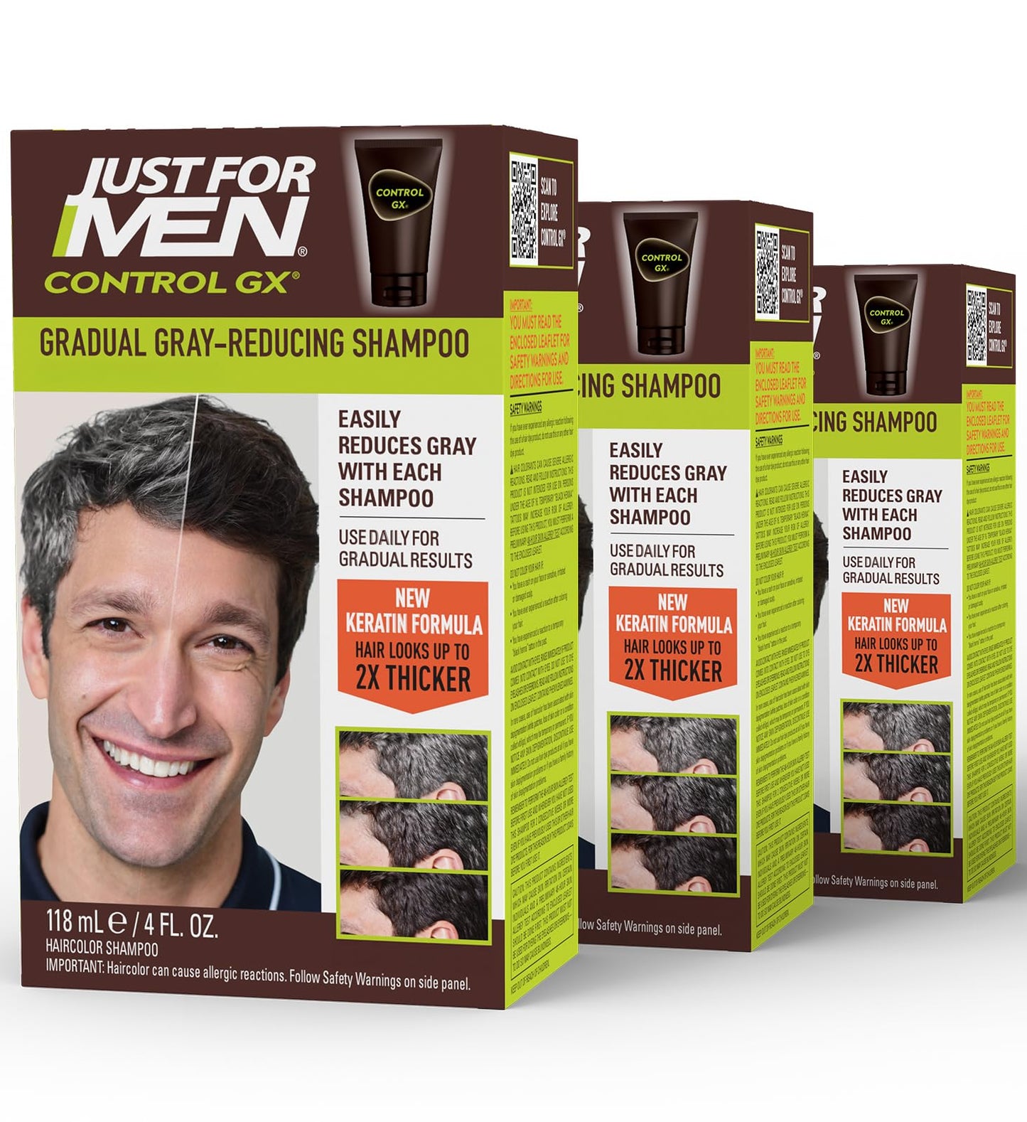 Just for Men Control GX Grey Reducing Shampoo, Gradual Hair Color with Keratin for Stronger Thicker and Healthier Looking Hair, 4 Fl Oz - Pack of 3