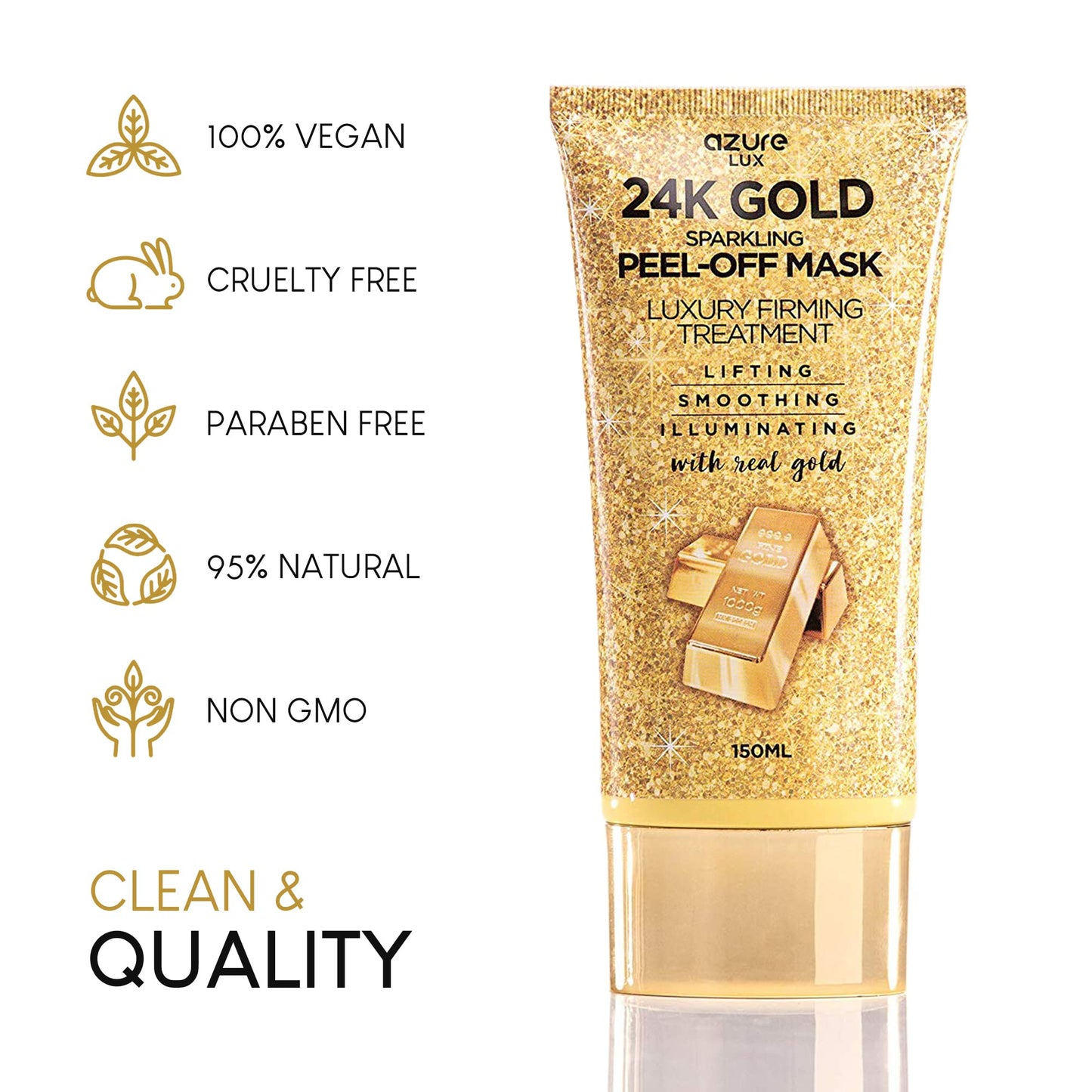 AZURE 24K Gold Firming Peel Off Face Mask- Anti Aging, Lifting, Illuminating & Revitalizing - Removes Blackheads, Dirt & Oils - With Hyaluronic Acid