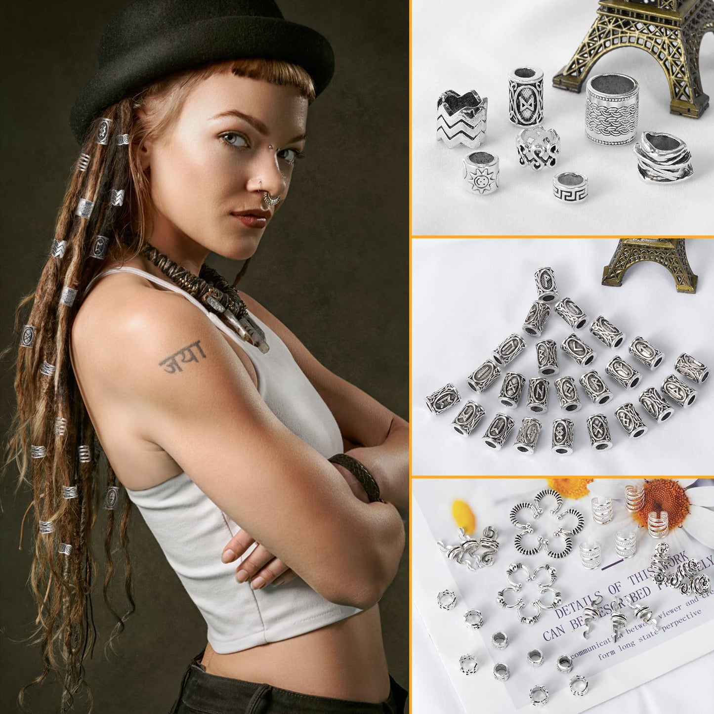 76PCS Vikings Hair Jewelry Norse Runes Tube Beads, Metal Clips Cuffs Rings, Accessories for Braids Dreadlocks Beads for Braiding Beard Decoration