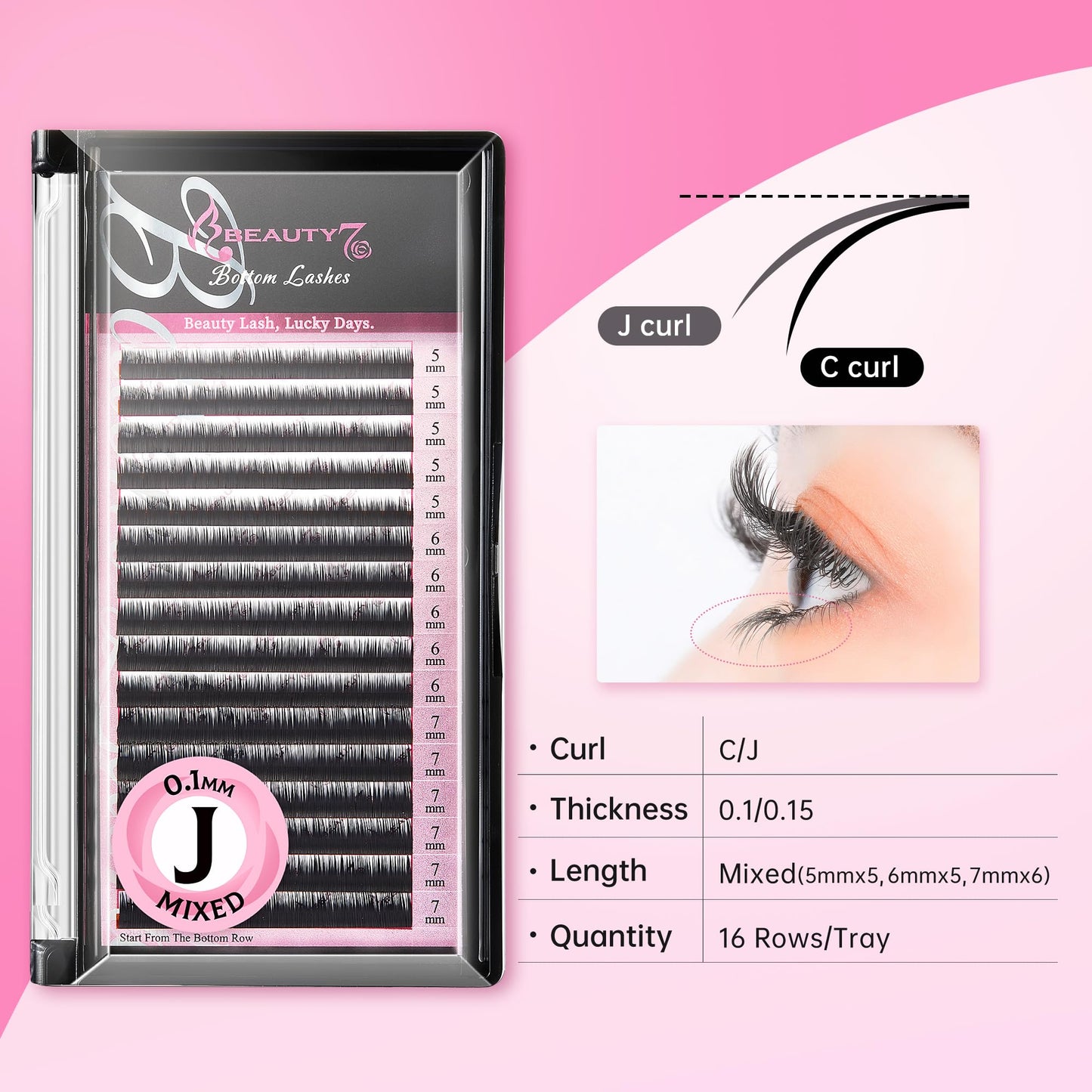 Beauty7 Mixed Volume Under Bottom Lower Individual False Eyelash Extension Tray Matte Synthetic Mink Curl J 0.1mm Thickness 5/6/7mm Length