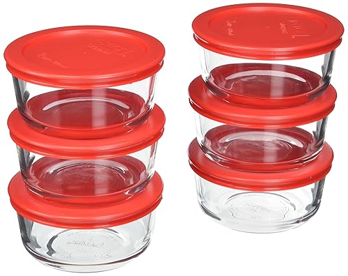 Pyrex (6) 7200 2 Cup Glass Bowls & (6) 7200-PC Red Food Storage Replacement Lids - Made in USA