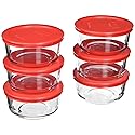 Pyrex (6) 7200 2 Cup Glass Bowls & (6) 7200-PC Red Food Storage Replacement Lids - Made in USA