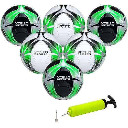 Xcello Sports Soccer Ball (Black/Green/Silver, White/Green/Silver) w/Pump (Size 4, Pack of 6)