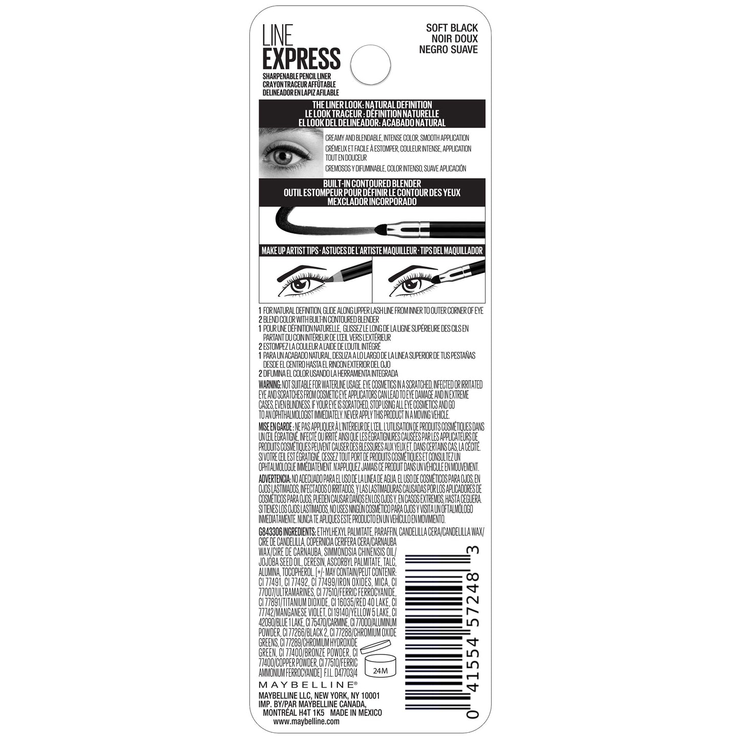 Maybelline Line Express Sharpenable Wood Pencil with Built-In Blending Smudger Tip Creamy Liner Eyeliner Eye Makeup, Soft Black, 0.035 oz.