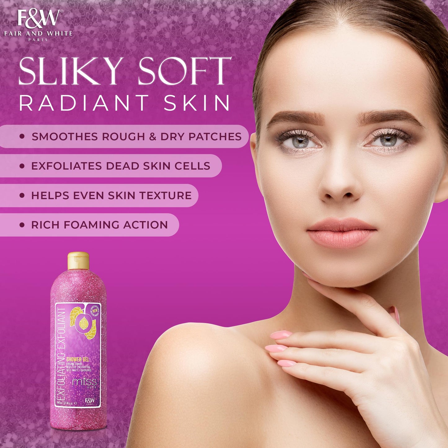 FAIR & WHITE Miss White Exfoliating Shower Gel 940ml/31.8 Fl Oz - Formulated to Exfoliate Skin, with Pomegranate and Glycerin