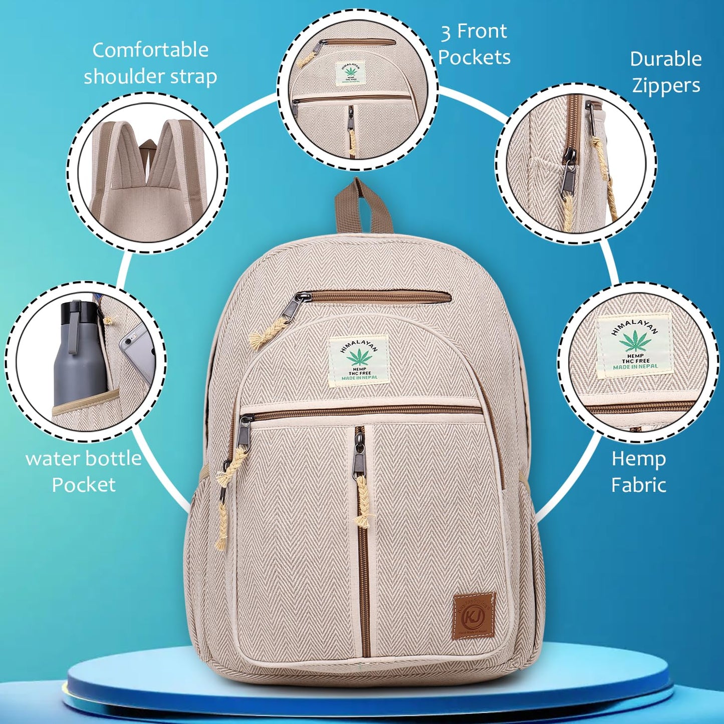 KayJayStyles Natural Handmade Large Multi Pocket Hemp Nepal Backpack