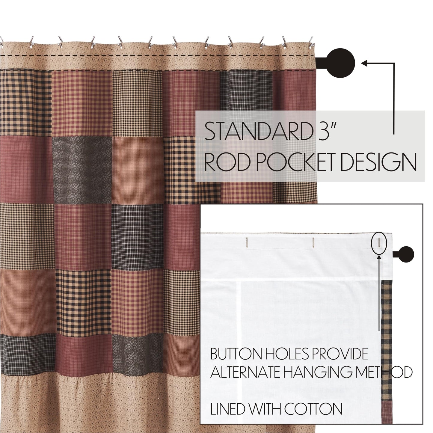 VHC Brands, Maisie Patchwork Shower Curtain, Tan, 72x72