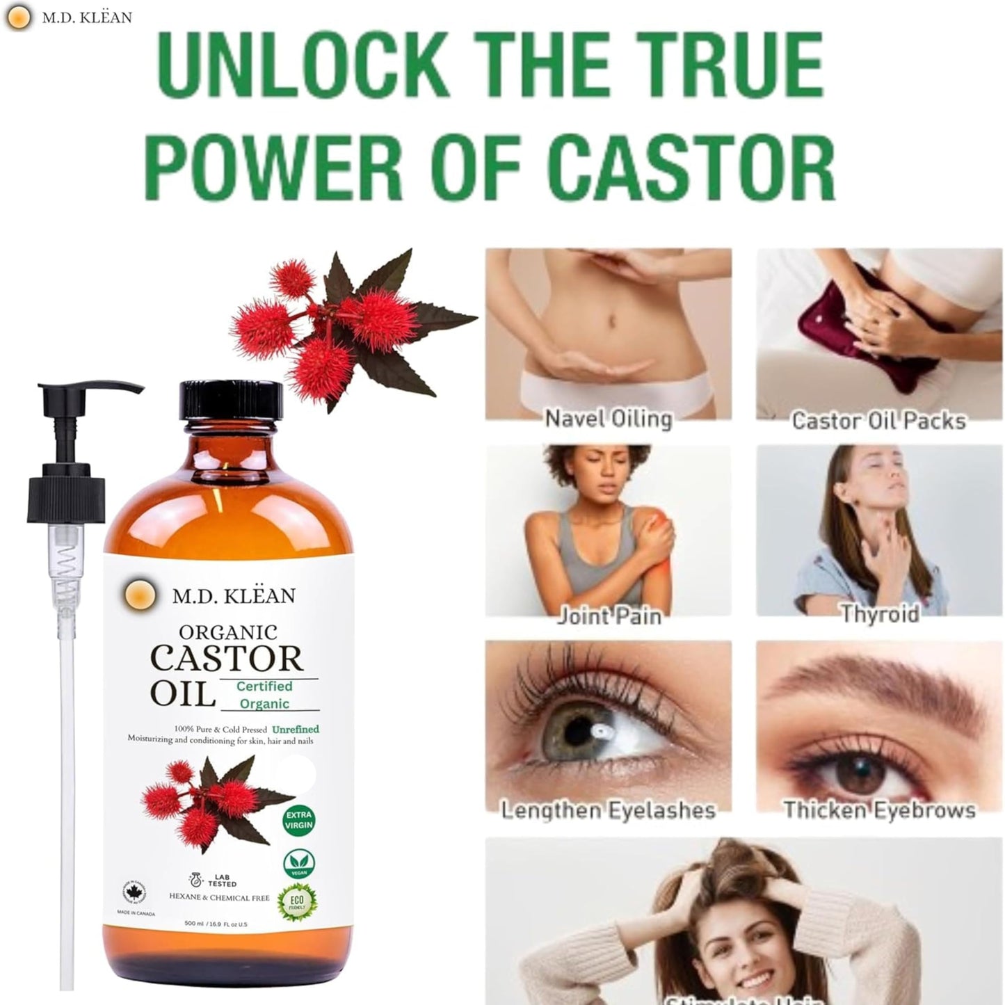 MD KLEAN Organic Castor Oil (500ml w/ 60ml Dropper) 100% Cold Pressed Unrefined Glass Bottles | Hexane Free | Moisturizer and Conditionor