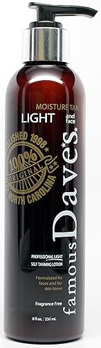 Fair Skin and Face Self Tanner - America's 20,000 Testimonial Famous Dave's Moisture Tan Light 8 Fl Oz. Professional Tanning Lotion for Body and Face