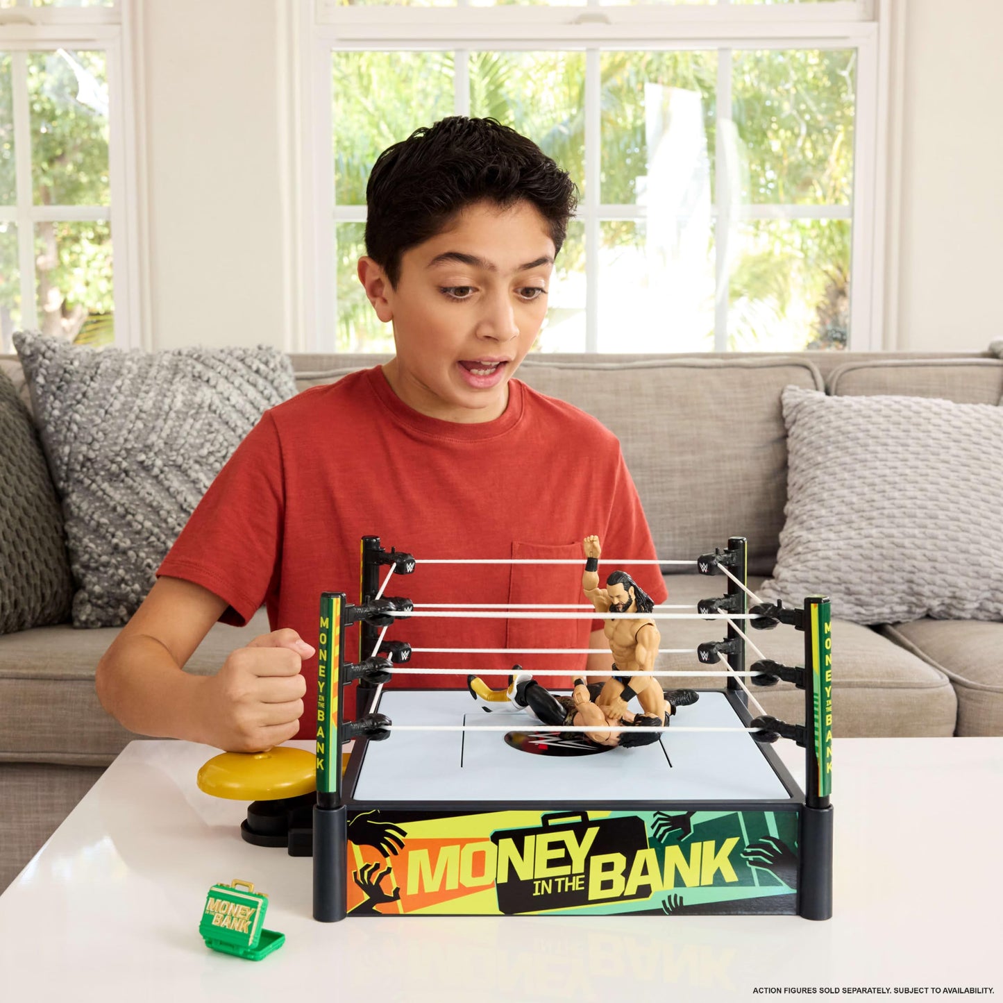 Mattel WWE Money in The Bank Cash-in Ring Playset – 2 Play Modes, 40+ Sounds & Phrases, Launcher, Crane, Ladders & Briefcase