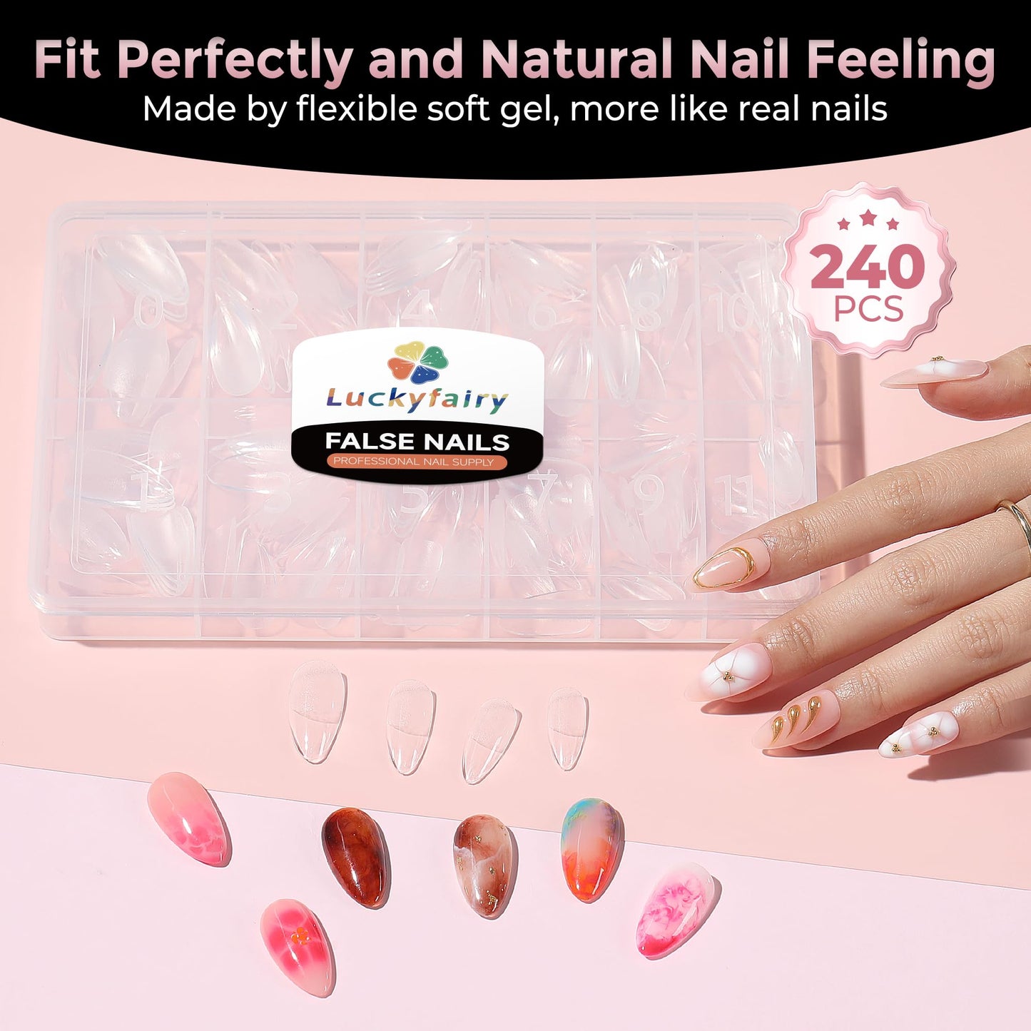 Luckyfairy Medium Almond Nail Tips, 240pcs Soft Gel Pre-Filed Acrylic Almond Fake Nails, Half Matte Full Cover Clear Press on Flase Nail Tips for Nail Beauty and Personal Care Luckyfairy