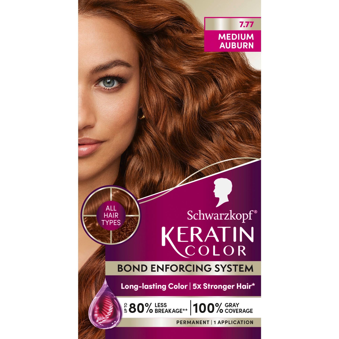 Schwarzkopf Keratin Color Permanent Hair Color, 7.7 Medium Auburn - Professional Quality Permanent Hair Dye, Up to 100% Gray Coverage - 1 Application