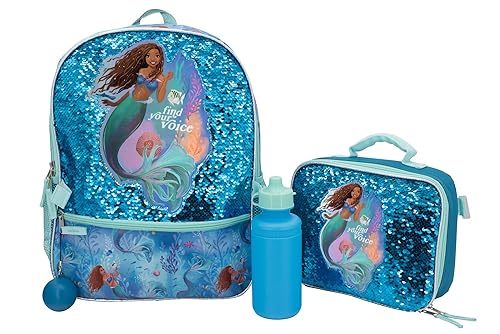 Disney The Little Mermaid Movie 4 Piece Backpack Set, Flip Sequin School Bag for Girls with Front Zip Pocket, Green