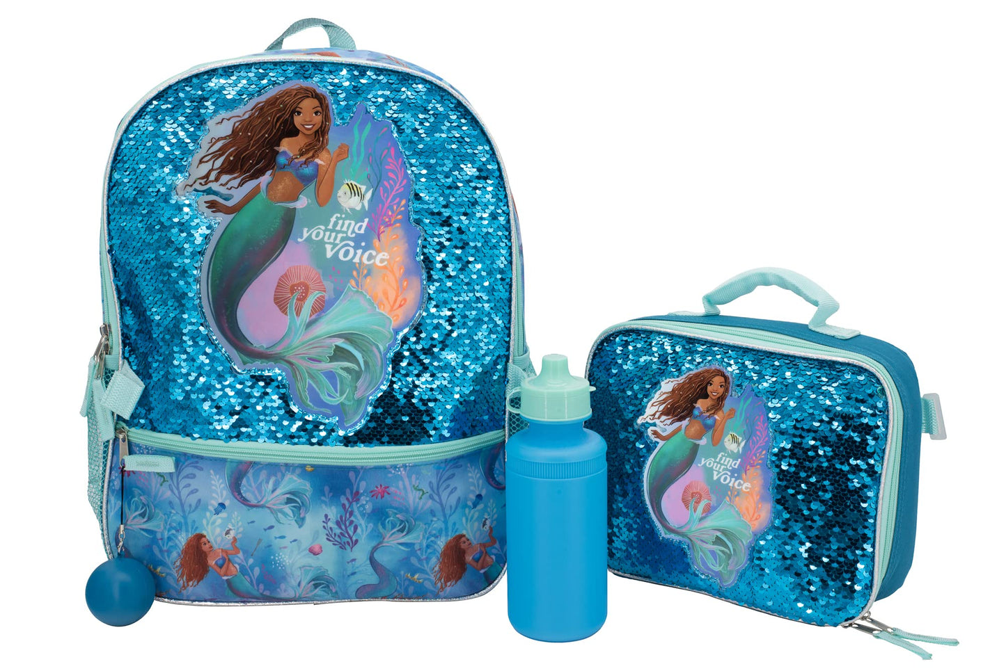Disney The Little Mermaid Movie 4 Piece Backpack Set, Flip Sequin School Bag for Girls with Front Zip Pocket, Green