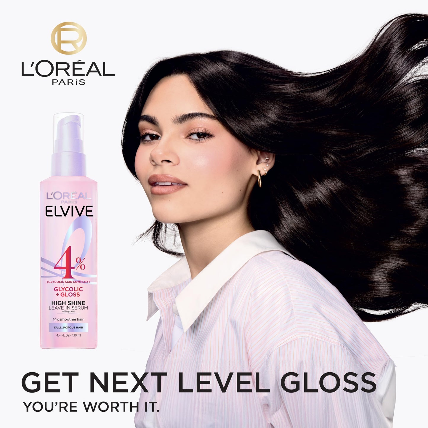 L'Oreal Paris Elvive Glycolic + Gloss High Shine Leave-In Hair Serum, Smooths Dull, Porous Hair Into High-Shine, Glossy Hair, 4.4 Fl Oz (Pack of 2)