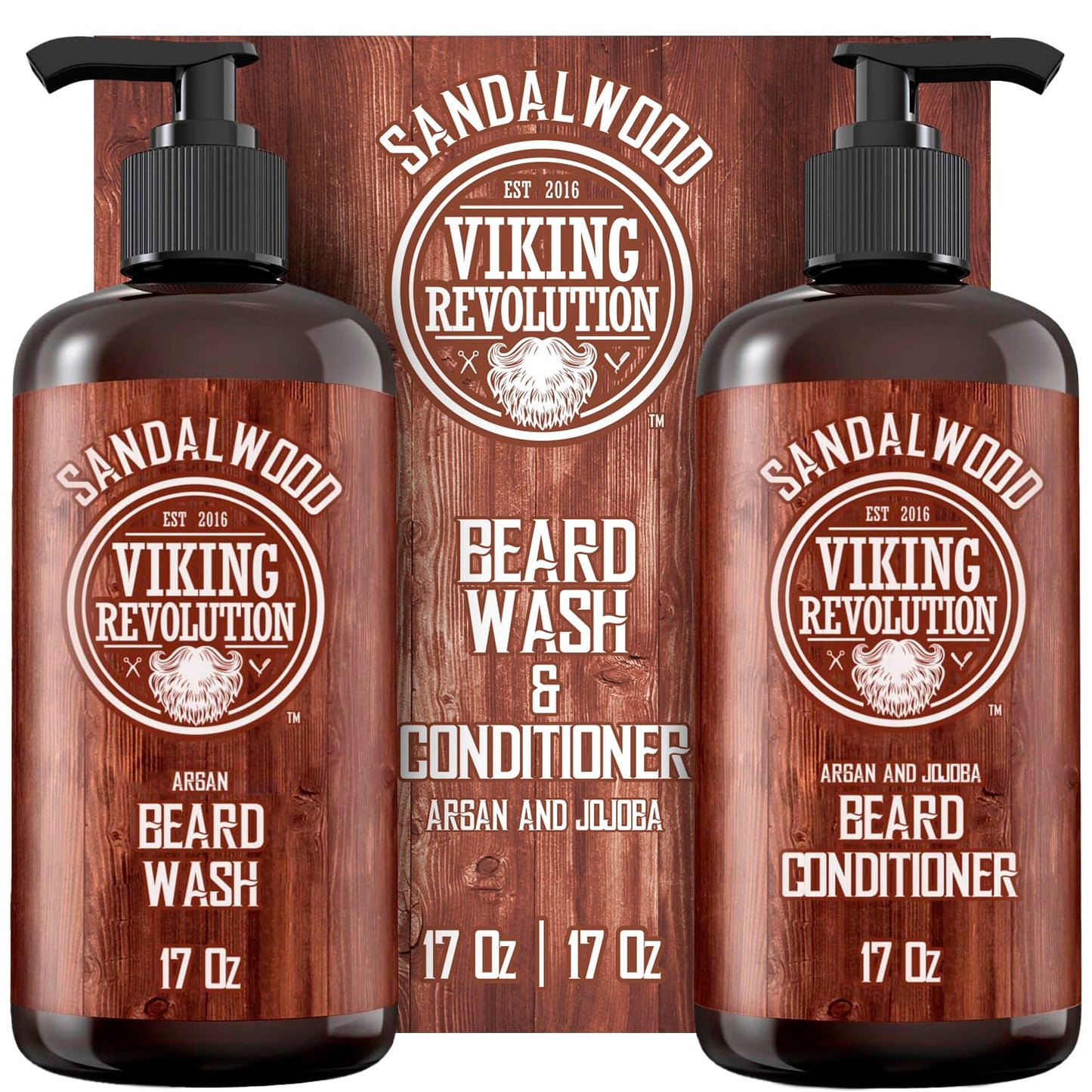 Viking Revolution Beard Wash & Beard Conditioner Set with Argan & Jojoba Oils - Softens and Strengthens - Natural Sandalwood Scent - Beard Shampoo