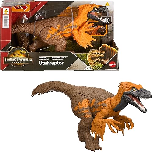 Mattel Jurassic World Rebirth Wild Roar Utahraptor Dinosaur Toy with Tail-Controlled Chomp Multi-Direction Attack & Sound, Posable & Digital Play