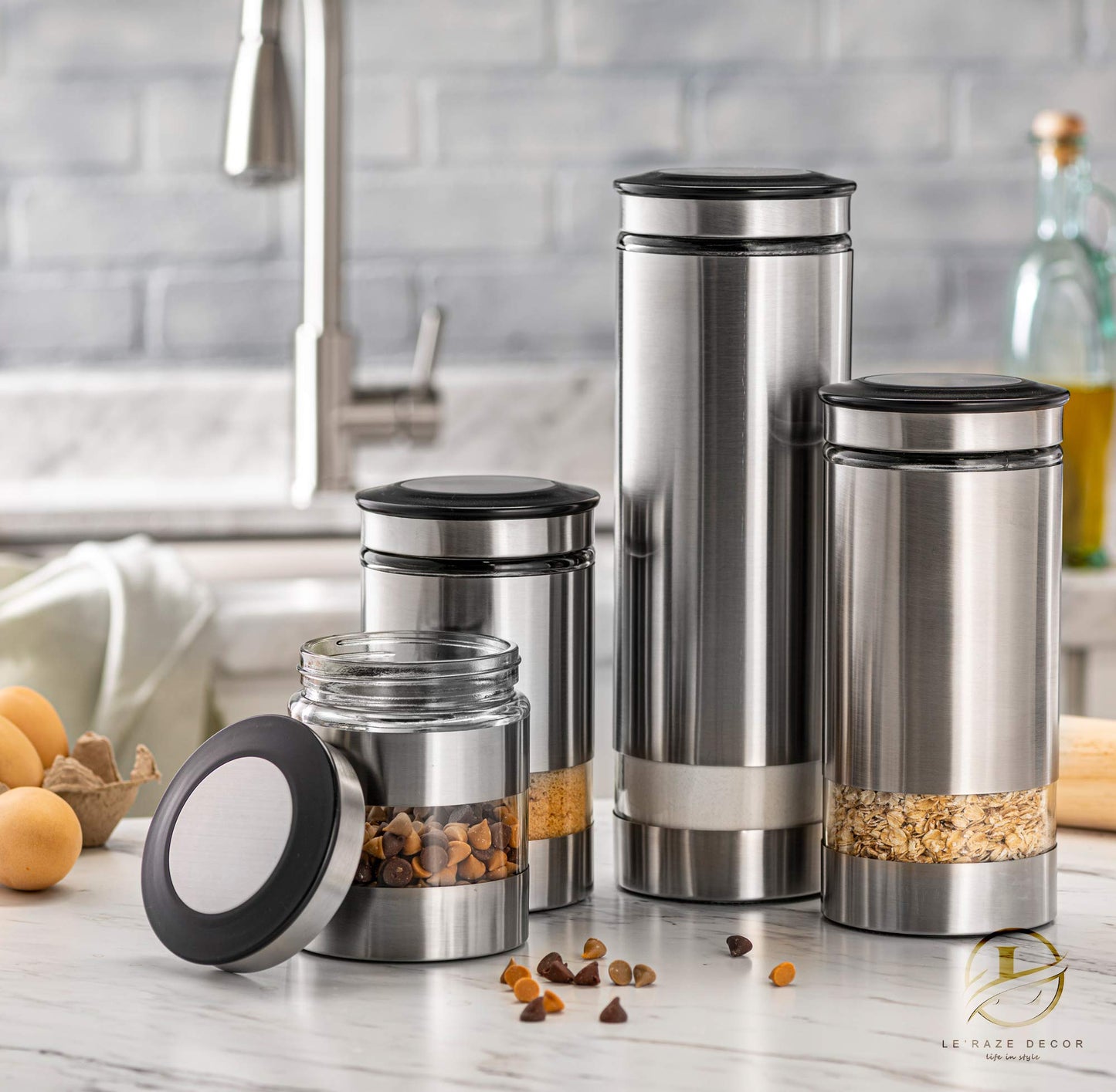 Le'raze Quality Stainless Steel Canister Set of 4 for Kitchen Counter with Glass Window & Airtight Lid - Food Storage Containers with Lids Airtight…