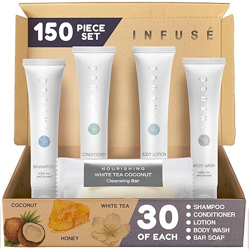 Infuse Pure White Tea and Coconut Hotel Soaps and Toiletries Bulk Set | 1-Shoppe All-In-Kit for Airbnb | 1oz Shampoo & Conditioner, Body Wash, Lotion