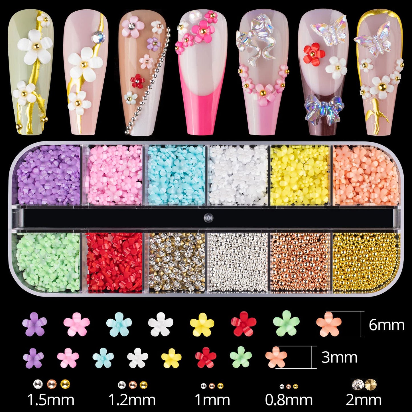 Mixed 3D Nail Art Gem Decoration Accessories Kit #1, Aurora Bear Bow Butterfly Starry AB Rhinestone Charm Jewelry for Deco, Pearl Flower Caviar Bead
