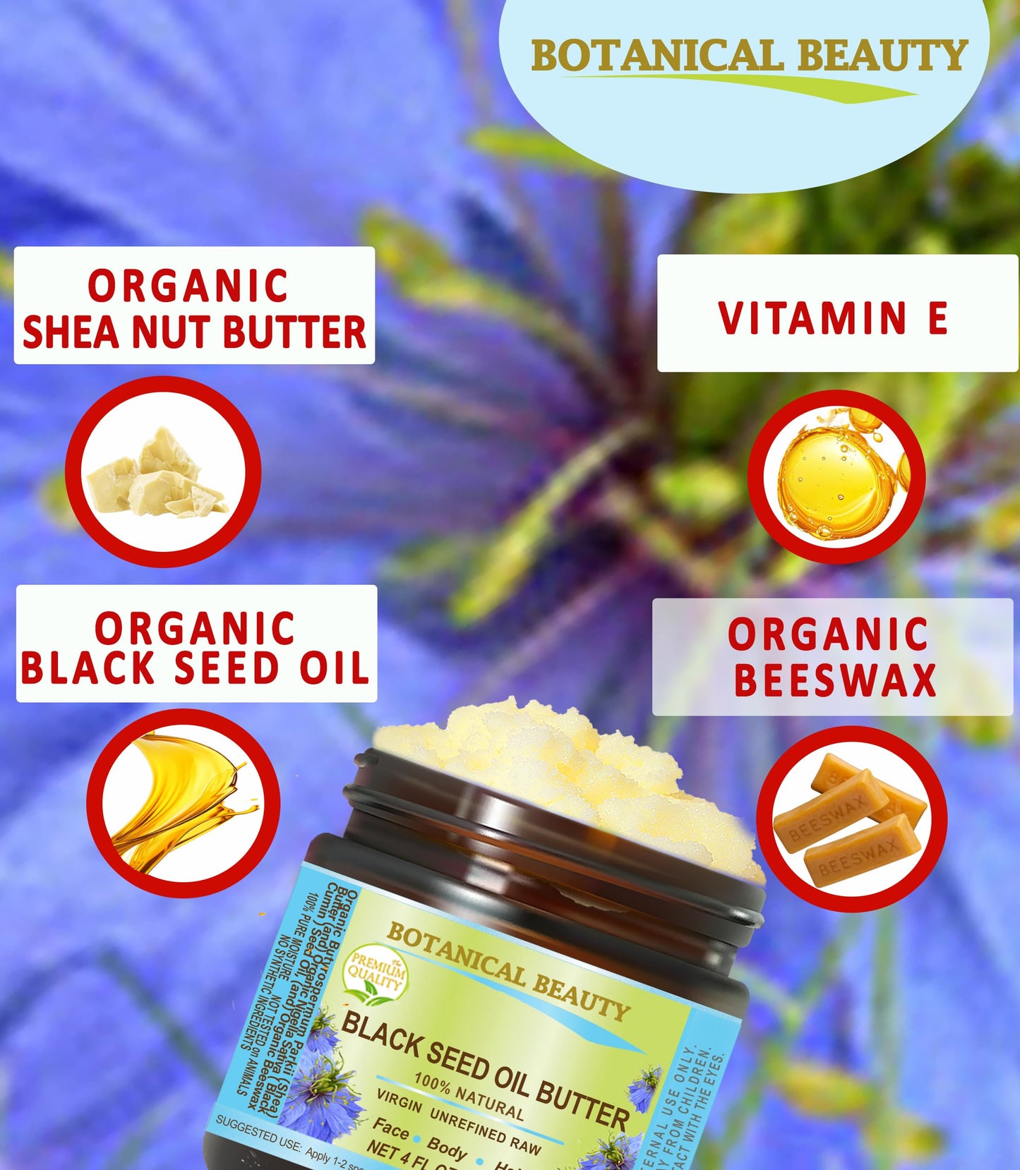 Botanical Beauty BLACK SEED OIL BUTTER 100% Natural Pure Virgin Unrefined Raw for FACE, SKIN, BODY, HAIR, NAILS, DRY SKIN. Organic Black Seed Oil
