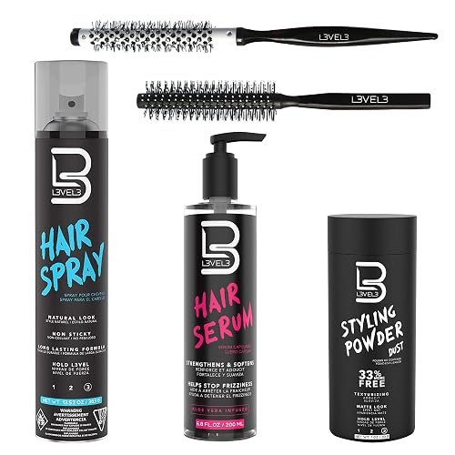 L3 Level 3 Hair Serum, Round Brush Set, Styling Powder & Hair Spray Kit - Repairs your Damaged Hair - Softens and Smoothing - Easy to Apply with No