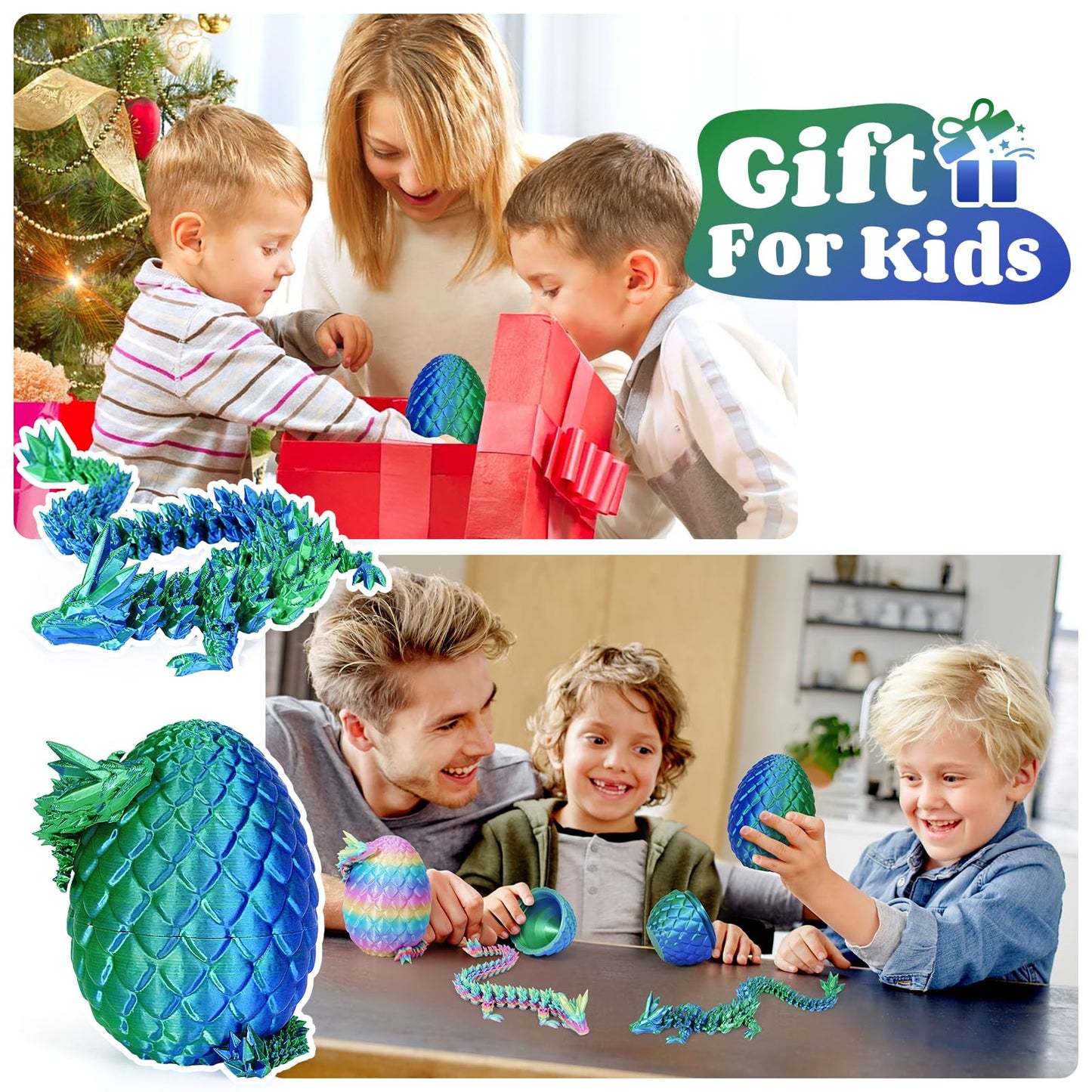 TBOLINE 12" 3D Printed Dragon Egg – Articulated Crystal Dragon Toy, Fidget Dinosaur Egg Gift for Kids & Teens Ages 4-12 (Laser Green)