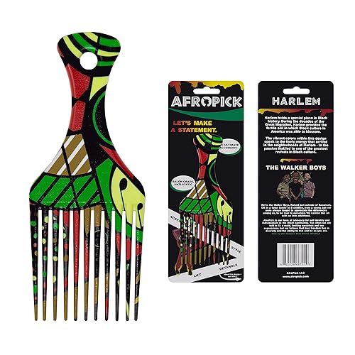 Afropick Anti-Static Plastic Black Hair Pick for Natural Curly Long Thick Hair- Afro Pick Comb for Men, Women- African Artist Designs (Harlem)